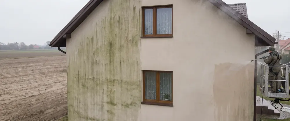 Mycie ciśnieniowe elewacji, po lewej ściana z zazielenieniem, po prawej powierzchnia już umyta