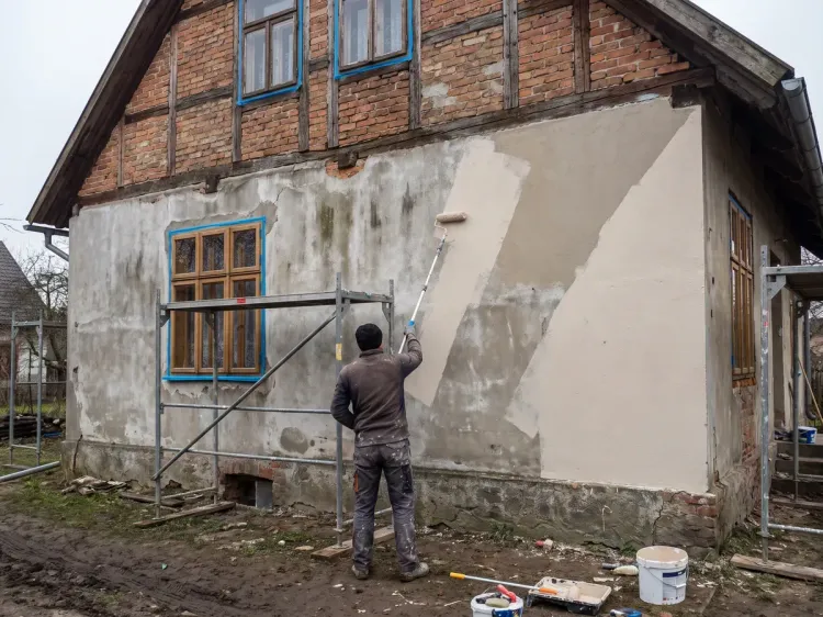 Malowanie elewacji, świeżo pomalowany fragment ściany obok starej powłoki